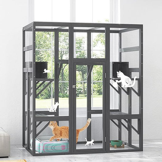 COZIWOW 70Inches Large Stable Spacious Wooden Catio Outdoor Cat Enclosure with Perches and Condos, Cat Cage Indoor with Waterproof Roof, 7 Platforms & 2 Resting Box, UV Resistant (Grey)