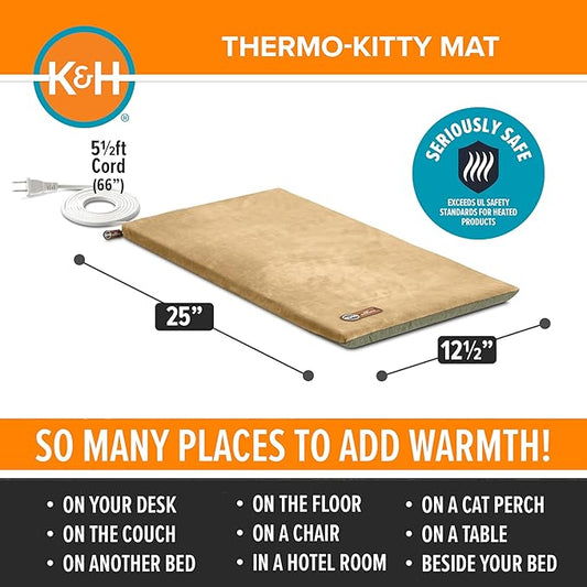 K&H Pet Products Heated Cat Bed Pad for Indoor Cats, Thermo-Kitty Mat Calming Warm Pet Heating Pad for Inside Pets, Machine Washable, Waterproof Heater, Safety Listed - 12.5 X 25in Sage/Tan
