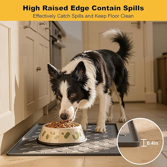 Pieviev Dog Cat Food Bowl Mat, Silicone Waterproof Food Grade Pet Food Mat for Floor, High Raised Edge to Prevent Spills, Non-Slip & Easy Clean Pet Placemat for Dog & Cat Bowls, 34''x22'', Dark Gray