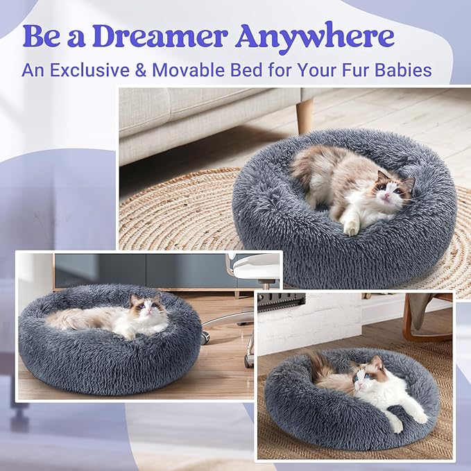 rabbitgoo Cat Beds for Indoor Cats, 20 inches Cat Bed Machine Washable, Fluffy Round Pet Bed Non-Slip, Calming Soft Plush Donut Cuddler Cushion Self Warming for Small Dogs Kittens, Dark Grey, Medium