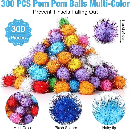 Poen 300 Pieces Cat Toy Fuzzy Balls 1.8 Inch Assorted Color Pom Pom Interactive Tinsel Balls for Indoor Cats