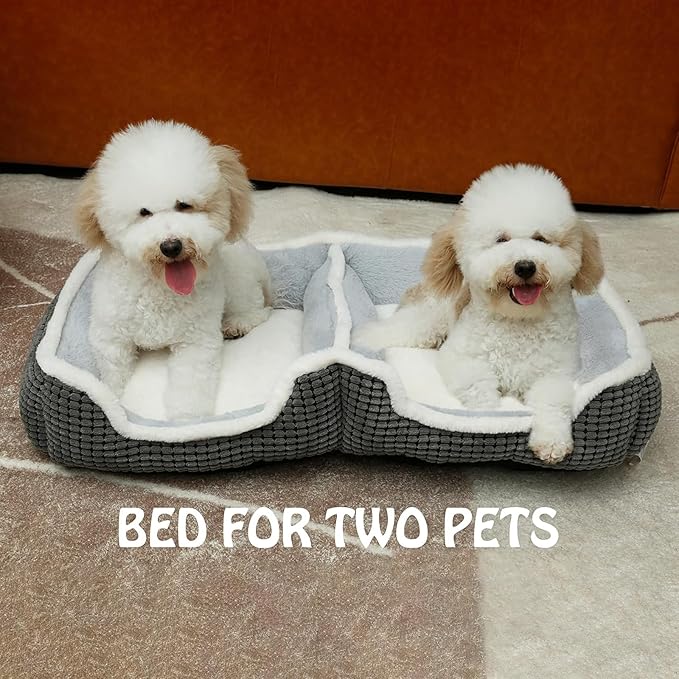 Dog Beds for Two Small Dogs, Double Cat Beds for Indoor Cats, Super Soft Washable Cat Bed with Anti-Slip & Water-Resistant Bottom, Luxury Durable Kitten Bed Puppy Bed, Rectangle Grey Animal Pet Beds
