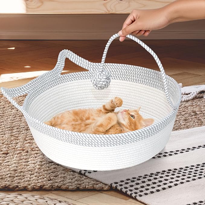 Hand Woven Cat Bed Basket With Toy Tail, Cotton Rope Foldable Sleeping Basket, Kitten Shaped House for Cats, Puppies, Rabbits and Small Pets (Medium, Gray & White)