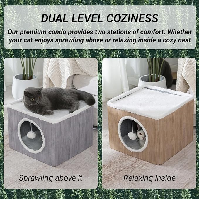 LUCKITTY Cat Condo House with Reversible Cushions and Fluffy Ball Hanging, Foldable Cube, Large Cave Bed for Indoor Cats Kittens, Grey Wood Grain Pattern