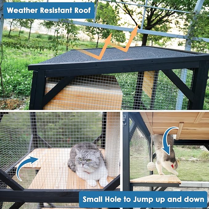 4 Tiers 70.9" H Cat Catio Cat House Outdoor Enclosure Window Large Outside Patio with Removable Floor, Scratching Post Sisal Ball 4 Wheels Waterproof Roof