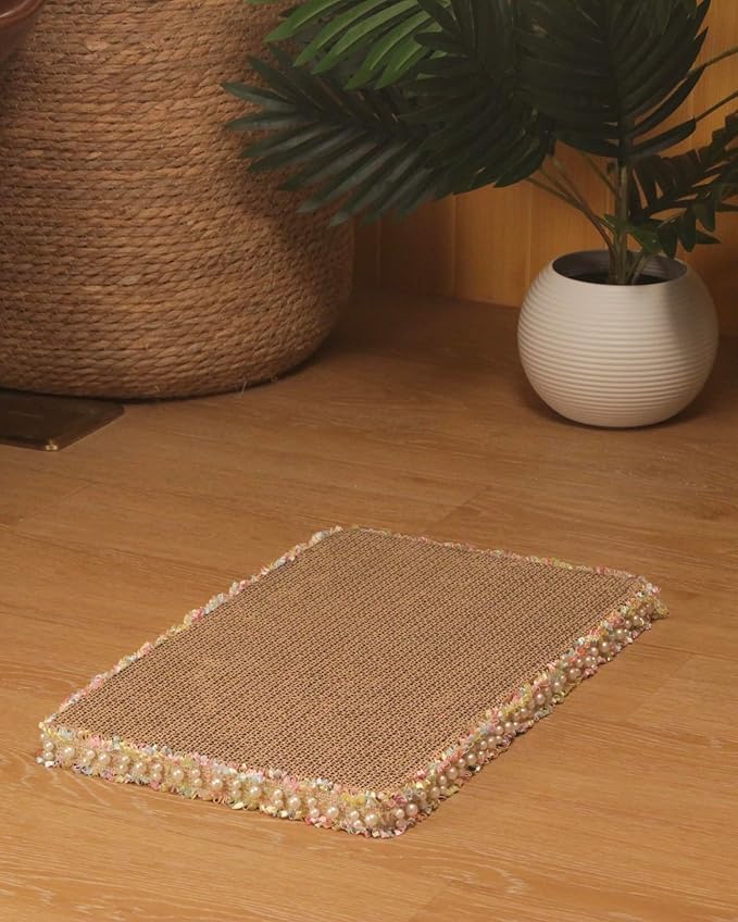 Primrose Yellow Cat Scratch Pad, Stylish Boho Lace with Pearl Large Cardboard Cat Scratcher, Cat Scratchers for Indoor Cats, Durable Cat Scratching Board, Horizontal Scratch Pad for Cats