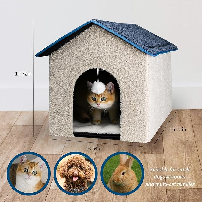 Foldable Cat House with Plush Hanging Ball - Cozy Cottage-Style Pet Bed, 18.9"x17.7"x17.3" Off-White | Slanted Roof & Arch Door for Indoor Kittens