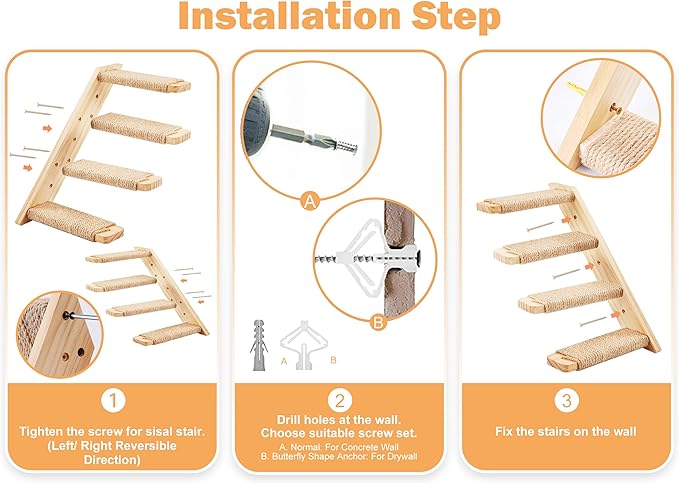 Strong Cat Shelves Stairs for Wall Mounted, 1P Cat Shelf& 2PCS 4 Steps Stairway with Sisal Rope Scratching for Cats Perch Platform, Wall Ladder Furniture