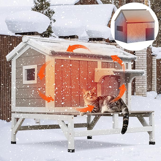 Insulated Cat House Outdoor with Balcony All-Round Insulation Weatherproof Outside Feral Cat Shelter for Winter, Wooden Pet House with Raised Base and Openable Roof for Cats & Small Animals