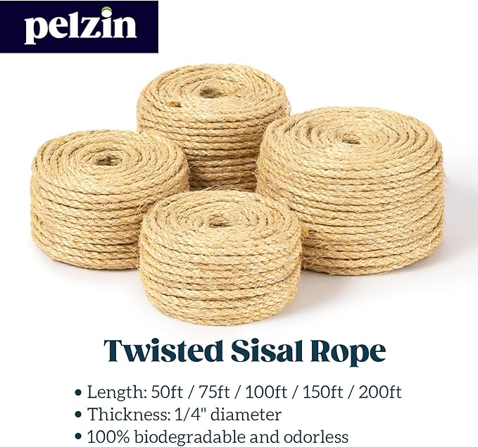 Natural Sisal Rope for Cat Scratcher 1/4 Inch by 50 Feet, Cat Tree Rope Twine for Cat Scratching Post Replacement, Cat Tower with Scratch Post Repairing, Replace, Recovering and DIY, Natural