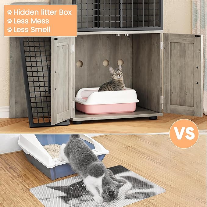 Cat Litter Box Furniture, Modern Cat Cabinet with Side Door, Double Layer Hidden Litter Box Enclosure & Pet House, Villa Style Cabinet with Side Door and Ladder for Indoor Cats