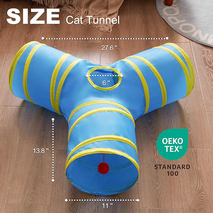 Love's cabin Cat Tunnel Tube Toys 3 Way Collapsible, Cat Tunnels for Indoor Cats，Kitten Tunnel Bored Pet Play Tunnel with Peek Hole Toy Ball for Kitty, Kitten, Rabbit, Puppy Blue&Yellow