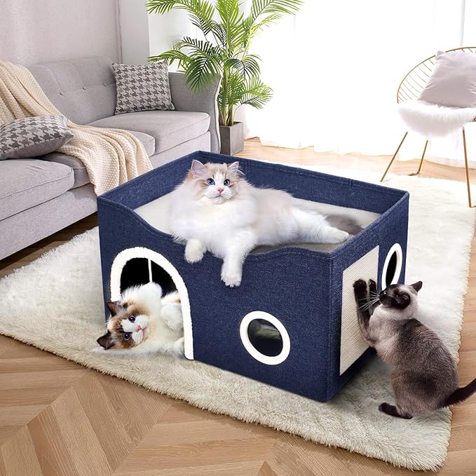 Heeyoo Cat House for Indoor Cats - Large Cat Bed Cave with Fluffy Ball and Scratch Pad, Foldable Cat Houses & Condos, Cat Cubes, Cat Hideaway, Covered Cat Bed for Multi Small Pet Large Kitty