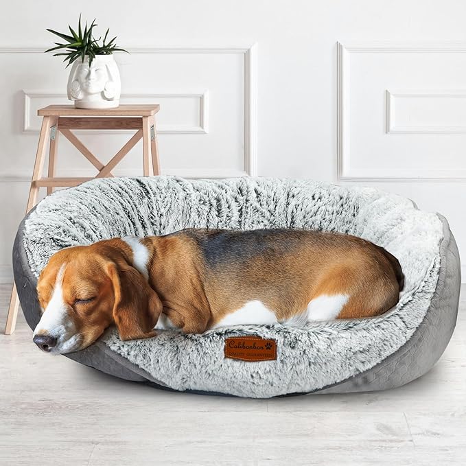 Dog Beds for Medium & Small Dogs - Round Cat Beds for Indoor Cats, Washable Pet Bed for Puppy and Kitten with Slip-Resistant Bottom (Light Grey, 25" L x 22" W x 8" Th)