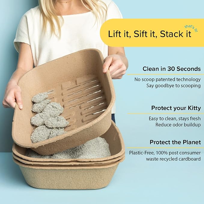 Kitty Sift (Set of 1 Litter Box & 5 Sifting Liners) Sustainable, Clean, Sifting, Disposable Cat Litter Box Kit - Large, 6-Set Kit