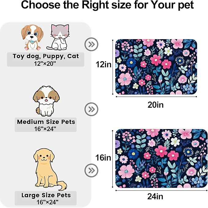 Groovy Wildflowers Pet Feeding Mat-Quick Dry Absorbent Dog Cat Food Mat, Anti-Slip Water Bowl Mats for Messy Eaters-No Stains Indoor Pet Accessories 16"x24"