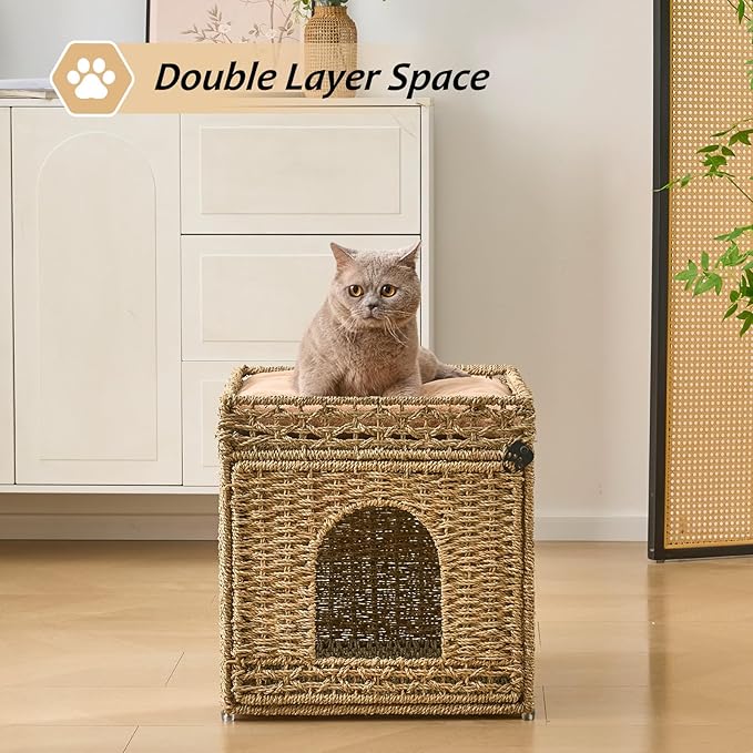 Pet Cat House, Handwoven Seagrass Cat Cave Pet Cube, Cat Beds Indoor Cat Hideaway with Double-Sided Soft Cushions Foldable for Multi Small Pet in Living Room Bedroom