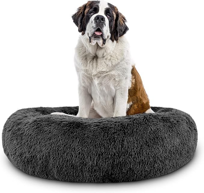 The Dog’s Bed Sound Sleep Donut Dog Bed, XXL Grey Fur Calming Nest Bed Removable Cover, Veterinary Approved