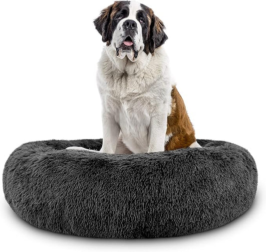 The Dog’s Bed Sound Sleep Donut Dog Bed, XXL Grey Fur Calming Nest Bed Removable Cover, Veterinary Approved