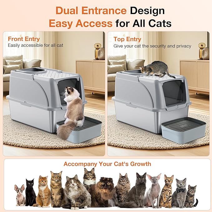 Stainless Steel Litter Box, XXL Large Metal Covered Litter Boxes, Dual Entrance Detachable Cat Litter Box with Lid, 16.6'' High Wall Urine Leak Prevention with Cat Litter Scoop (Gray)