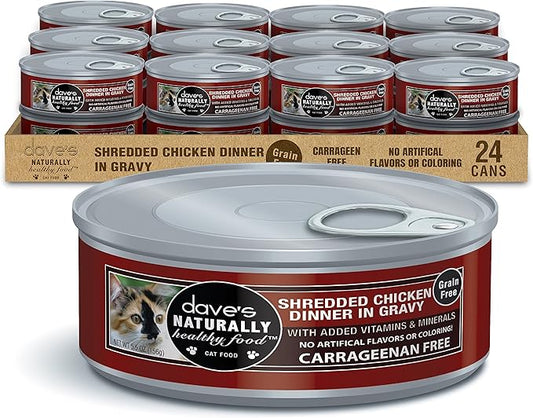 Dave's Pet Food Grain Free Wet Cat Food (Shredded Chicken in Gravy), Made in Canada Naturally Healthy Canned, Added Vitamins & Minerals, Wheat & Gluten-Free, GMO-Free, 5.5oz (24 Pack)