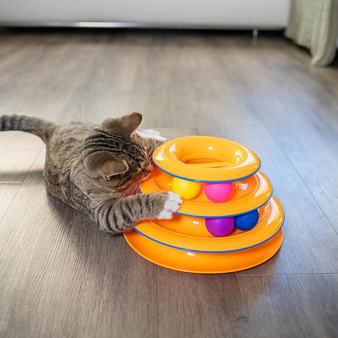 Catstages Tower of Tracks 3-Level Cat Track Toy with 6 Balls, Interactive Toy for Indoor Cats, Orange