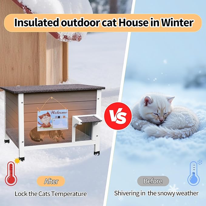 Rockever Outdoor Cat House, 100% Insulated Cat House for Outdoor Cats Weatherproof Feral cat House for All-Round Foam Layers Filling (Insulate Grey-with Mat, L)