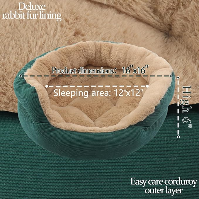 Cat Beds for Indoor Cats Calming Bed Washable,Small Size Dog Sofa Extra Comfy Cuddler Round Kitten Pet Bed Anti Slip Bottom for Anxiety,Warm Puppy Plush Snuggler Kennel Up to 10 Lbs,16 inch,Green