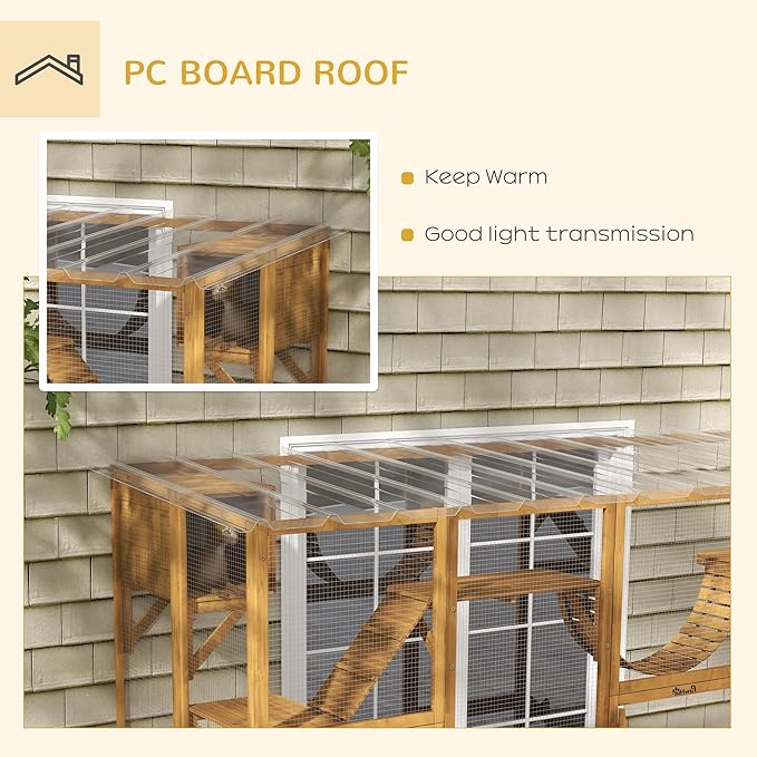 PawHut Catio Outdoor Cat Enclosure Window, Outdoor Cat House with Weather Protection Roof for Multiple Kitties, Wooden Frame, Shelves & Bridges, 118" x 37.5" x 74", Yellow