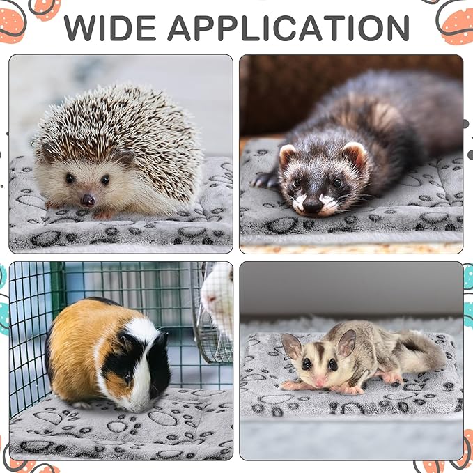 Haull 4 Pcs Waterproof Guinea Pig Bedding Winter Guinea Pig Bed Plush Cage Liners Soft Dog Cat Mat Reversible Winter Cozy Animal Pee Pad Hamster Bed Mat for Bunny(Gray Paw,13 x 10 Inch)