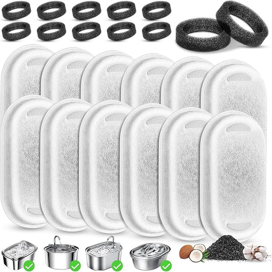 Cat Water Fountain Filter Replacement, 12 Pcs Cat Filters Pet Water Fountain Filter with 12 Pcs Sponges Foam for 67oz/2L & 108oz/3.2L Stainless Steel Automatic Cats Water Fountain Dispenser Filters