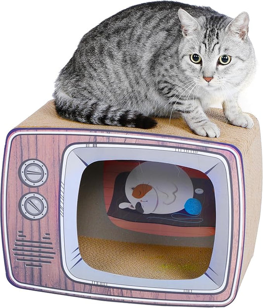 FluffyDream TV Cat Scraper - Durable Cat Leisure Bed - Indoor Scraper and Play House - Corrugated Toy Cat Birthday - 16.9L*12.5W*9H