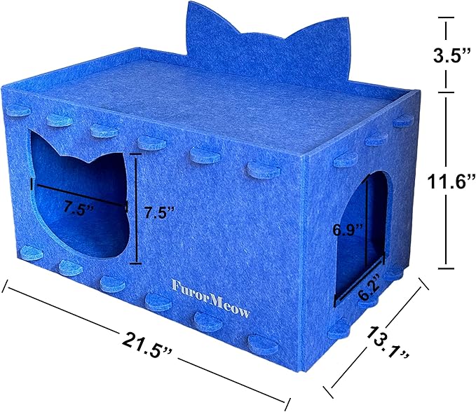 Cat House Cat Ear Design, Large Spacious Cozy Indoor Cat Bed Cave, Scratch Resistant Strong Thick Premium Felt Condo, Fun Hideaway for Multiple Cats, 21.5x13x11.6 inches (Blue)