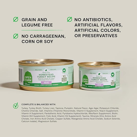 Open Farm Canned Cat Food, Paté for Complete & Balanced Nutrition, Grain-Free and Legume-Free Wet Cat Food, Homestead Turkey Recipe, 2.8oz Cans (Case of 18)