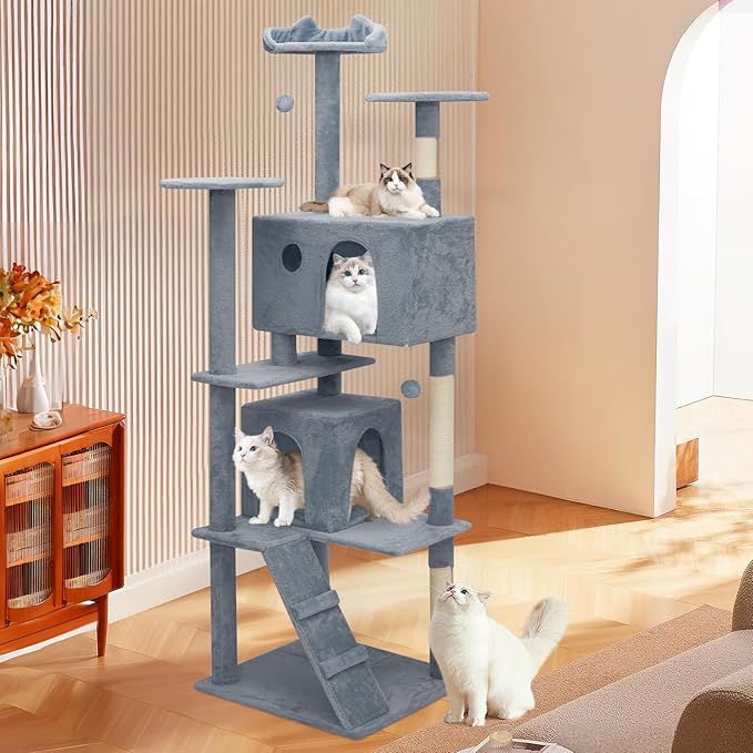 MoNiBloom Cat Tree, 77 Inch Cat Tree Tower with 2 Condo, Tall Cat Tower with Scratching Post, Cat Climbing Tower, Cat Tree for Indoor Cats, Light Grey