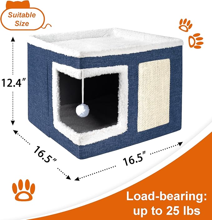 Cat Houses for Indoor Cats - Large Cat Bed Cave with Scratch Pad and Fluffy Ball, Foldable Cat Condo Hideaway with Reversible Cushion for Multi Small Pet, Navy Blue