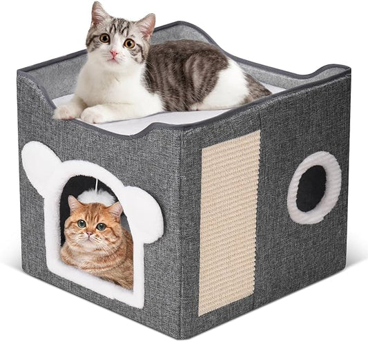 Cat Beds for Indoor Cats, Large Cat House Foldable Cat Cave with Scratch Pad and Hanging Fluffy Ball, Reversible Cushion Hideaway for Pet Cats, 16.5x16.5x13.2 inches, Dark Grey