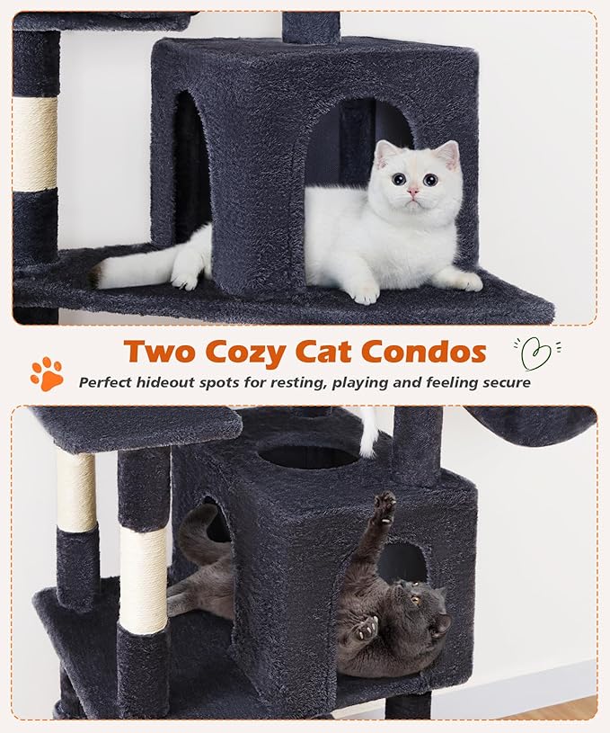 AMHANCIBLE Cat Tree, 70 Inch Tall for Indoor Adult Cats, Large Multi-Level Tower with Scratching Post, Hammock, Condos, Hanging Basket, Activity Center to Play and Sleep, Dark Grey, PT18DG