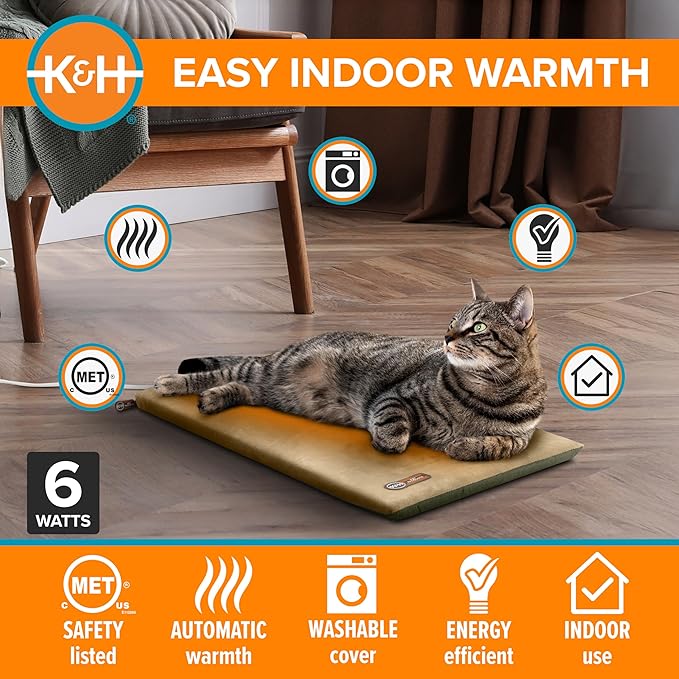 K&H Pet Products Heated Cat Bed Pad for Indoor Cats, Thermo-Kitty Mat Calming Warm Pet Heating Pad for Inside Pets, Machine Washable, Waterproof Heater, Safety Listed - 12.5 X 25in Sage/Tan