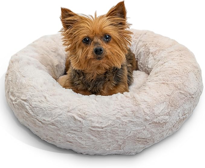 Best Friends by Sheri Original Calming Donut Dog and Cat Bed, Lux Faux Fur, Oyster, XS (18in x 18in) - Anxiety Relief for Pets Up to 10 lbs
