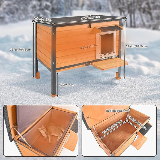Insulated cat House Outdoor Weatherproof for Winter, Feral Cat Shelter with Insulated Liner, All Round Metal Frame Wooden Condos, Indoor and Outdoor Use for Cat, Rabbit and Small Animal