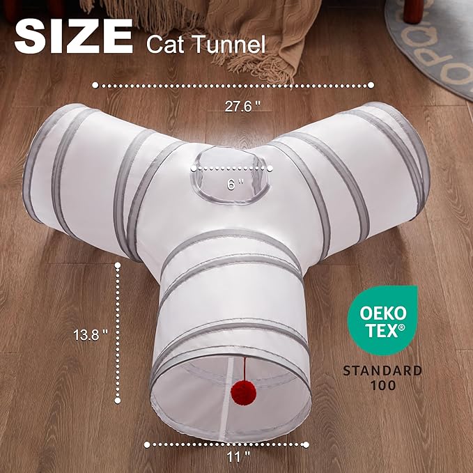 Love's cabin Cat Tunnel Tube Toys 3 Way Collapsible, Cat Tunnels for Indoor Cats，Kitten Tunnel Bored Pet Play Tunnel with Peek Hole Toy Ball for Kitty, Kitten, Rabbit, Light Gray&Gray