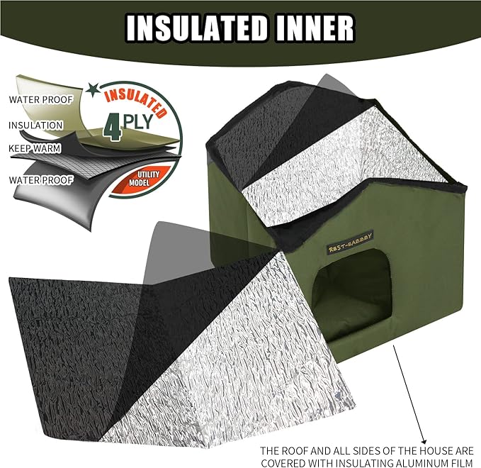 Rest-Eazzzy Cat House for Outdoor Cats, Weatherproof and Insulated Feral Cat House with Mat and Clip, Easy to Put Together, Selfwarming Cat Shelter for Winter(Olive Green, Canopy House X 1)