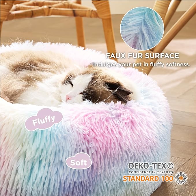 Bedsure Calming Cat Beds for Indoor Cats - Small Washable Round Cat Bed, Anti-Slip Fluffy Plush Faux Fur Pet Bed, Fits up to 15 lbs Pets, Multi-Colored, 20 inches