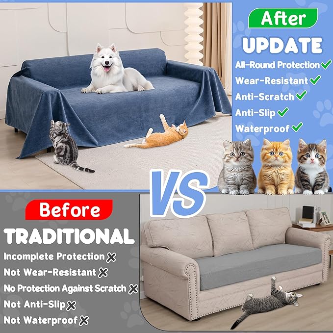 Cat Scratch Furniture Protector - Anti-Slip, Waterproof Sofa Cover to Keep Cats Off, Pet-Friendly Couch Protectors for 3 Cushion Couch, Anti-Scratch Couch Cover for Pets and Kids 150"X71"Navy Blue