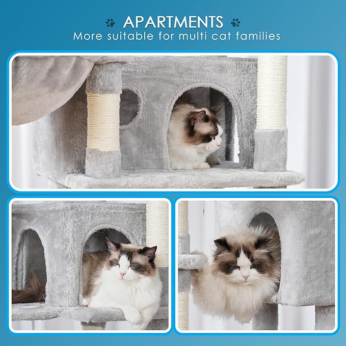 Hey-brother Cat Tree, 74 inches Multi-Level XL Large Cat Tower for Indoor Cats with Three Cat Condos, Two Large Top Decks and Cat Hairbrushfor Kittens, Cats and Pets, Light Gray MPJ035-MW