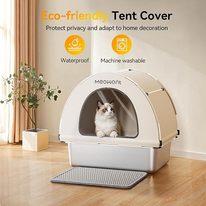 Meowant Enclosed Stainless Steel Cat Litter Box, Extra Large 3-in-1 Covered Litter Box with High Sided Oxford Fabric Cover, Metal Scoop, Leakproof, Odor Resistant, Non-Sticky, Easy Cleaning