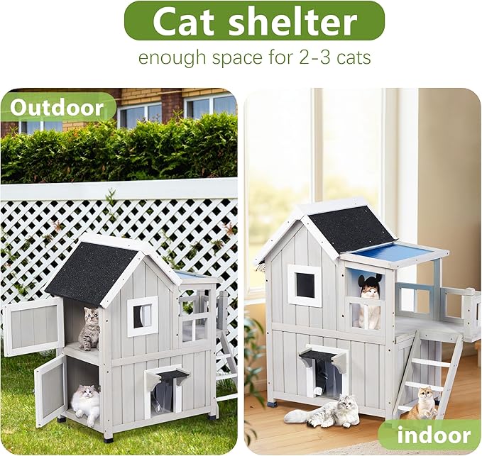 Outdoor Cat House, Cat Shelter for Feral Cats, Weatherproof 2-Story Wooden Cat House with Escape Door for 2-3 Cats