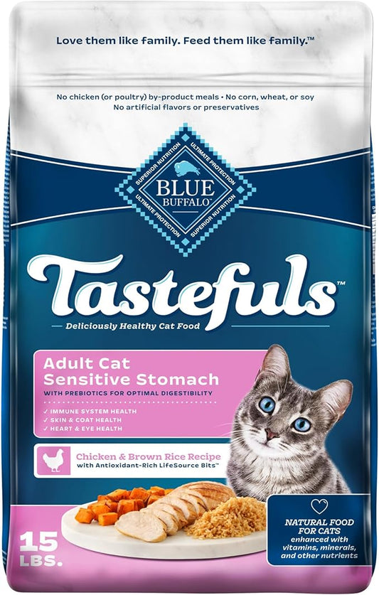 Blue Buffalo Tastefuls Natural Dry Food for Adult Cats, Sensitive Stomach, Chicken & Brown Rice Recipe, 15-lb Bag