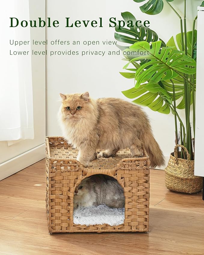 Cat Beds Indoor Kitten House, Handwoven Rattan Cat Cave Pet Cube, Large Cat Houses, One Bed Mat, Foldable, Hideaway, 16.5x16.5x13.2 Inches, 2 S-Shaped Hooks in Living Room Bedroom Natural